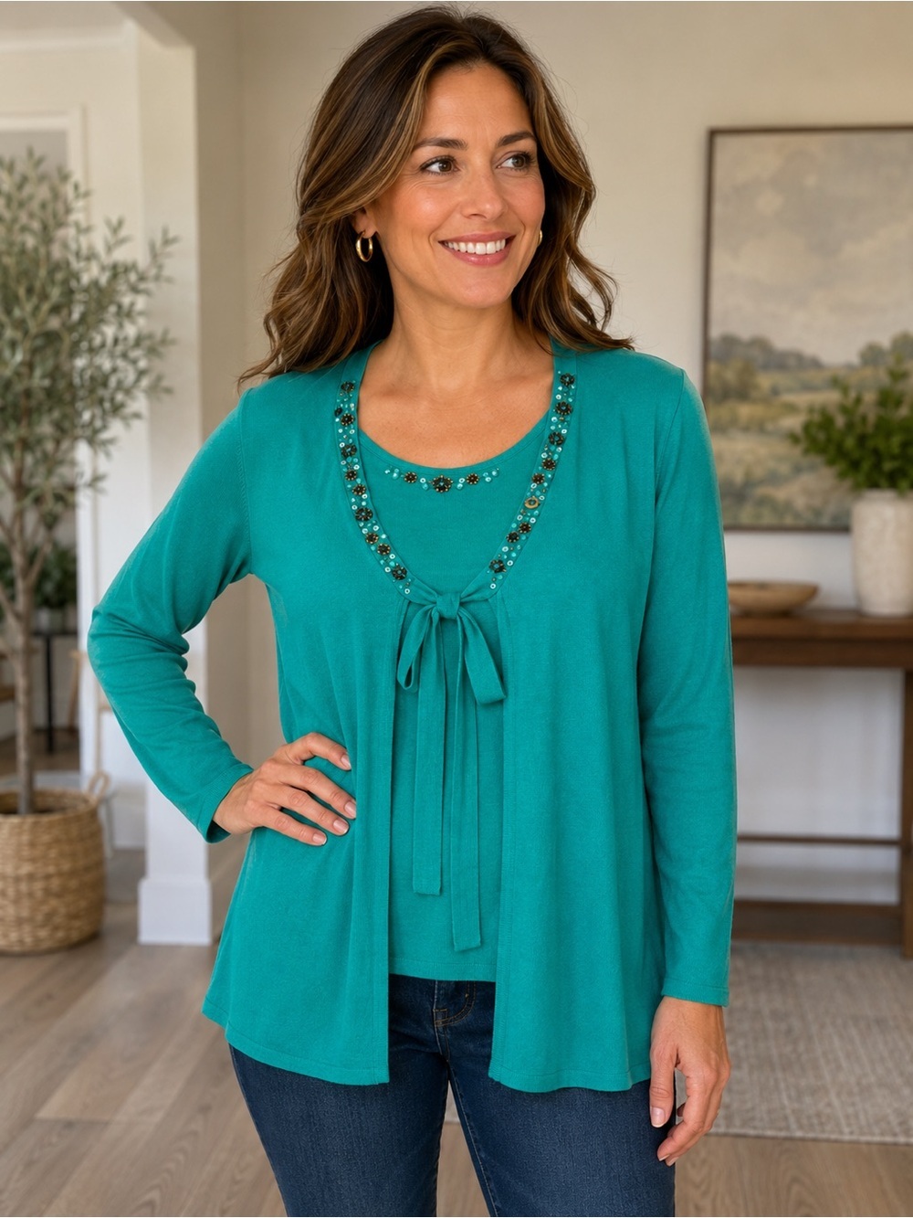 Alfred Dunner Turquoise Embellished Twin Set Beaded Cardigan & Shell 1X